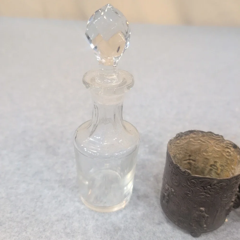 Vintage Dutch Windmill‎ Cruet Set Glass Bottles Ornate Metal Caddy Village Scene